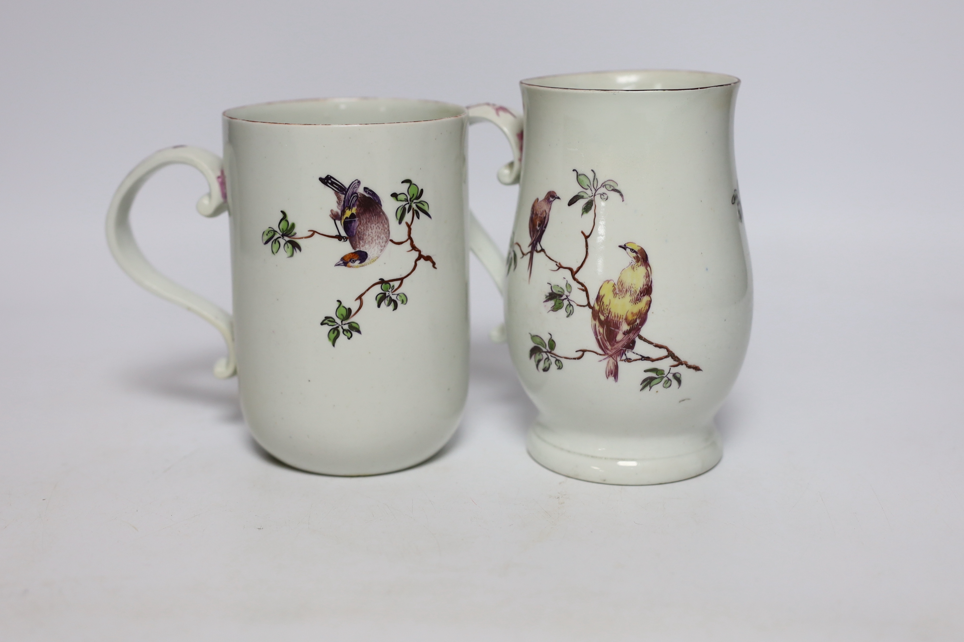 Two Derby mugs, c.1760-65, decorated with birds, tallest 14cm